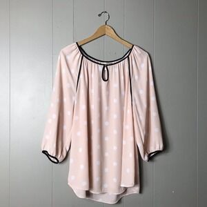 EST. 1946 PINK POLKA DOT PRINT BLACK TRIM BLOUSE KEYHOLE NECKLINE WOMENS 14 16W